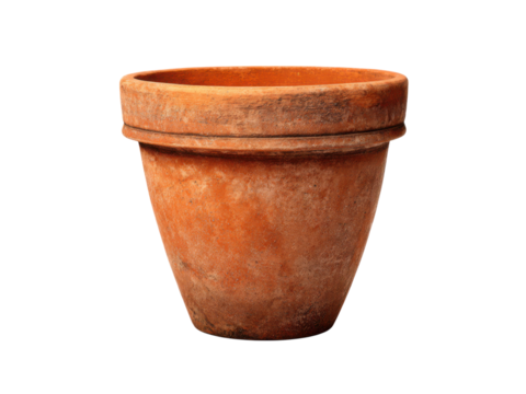 Aged terracotta planter with weathered texture and rim detail clay ceramic, Isolated, Png Transparent Background