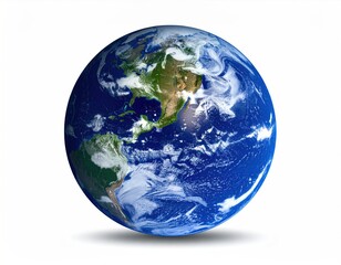 The globe shows North America amid swirls of white clouds and deep blue oceans, against a clean, white background and soft shadow