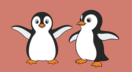 Two cute cartoon penguins standing together, perfect for childrens books or playful designs and illustrations