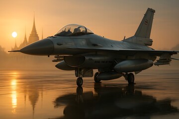 Thailand's Modern Strength and Ancient Heritage Air Force Jet at Sunrise