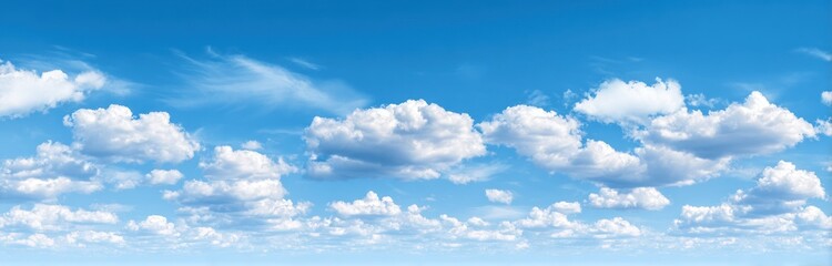 Fototapeta premium A broad panorama of a brilliant blue sky, punctuated by an array of puffy, white cumulus clouds stretching across the entire frame