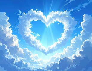 Naklejka premium Sky with fluffy clouds artfully forming a heart shape, with sunlight shining through, against a vibrant blue sky backdrop