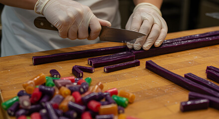 Obraz premium Candy Cutting on Wood Surface