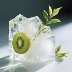 4k high quality Ai generative HD photo realistic drink ice cube sugar sweet manis minuman soda brown sugar tea teh honey madu crystal leaf closeup background cocktail mocktail kiwi slice es batu beku