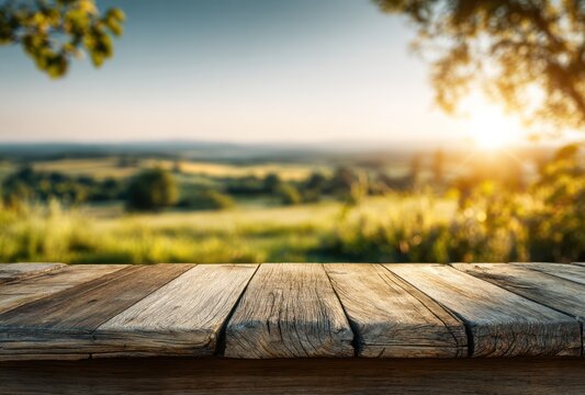 Rustic wood table surface with a blurred golden hour landscape backdrop of green fields and gentle hills under a pale blue sky