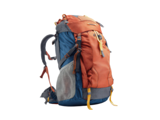Orange blue backpack with mesh pocket and yellow straps grey, Isolated, Png Transparent Background