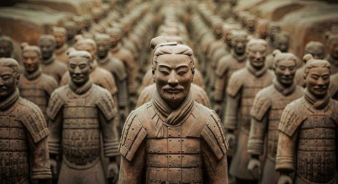 Terracotta Army Statues Row Formation Historic Archaeological Site