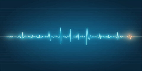 An abstract blue background with a medical EKG heartbeat pulse, showing a green cardiogram sound wave line
