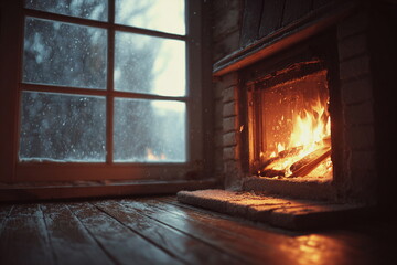 Fototapeta premium Fireplace glowing near a window during snowfall. Cozy winter evening, warm light against cold weather, peaceful seasonal atmosphere indoors.
