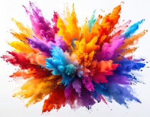 Vibrant explosion of multicolored powder with shades of pink, blue, yellow, orange, red, purple, and turquoise on a white background