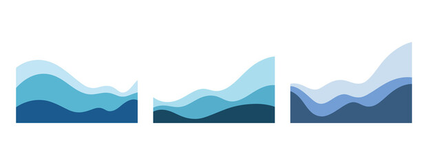 A set of multi-layered wavy separator shapes for the design of a web page and header. Blue sea curves lines of shapes, vector. Modern, minimalistic, graphic border element for banners, presentations
