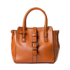 Tan leather handbag with top handles and buckle closure