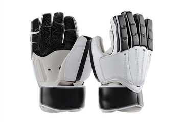Professional cricket wicket keeping gloves in white and black, perfect for sports gear advertising, product catalogs, or athletic lifestyle content with dynamic energy