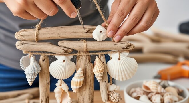 Woman crafting a driftwood and seashell wind chime, coastal decor DIY project