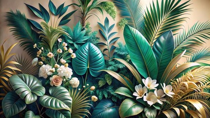 Lush Tropical Foliage and Exquisite Blooms in a Vibrant, Textured Arrangement, Featuring Jewel-Toned Greens and Golden Accents