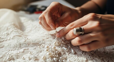 Obraz premium Close-up of Seamstress Hand Sewing Beads and Lace on a Wedding Dress