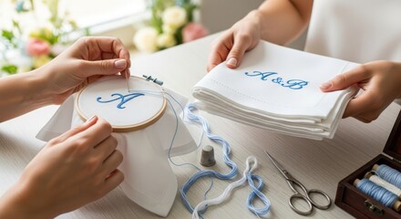 Hands Embroidering Initials on White Linen Napkins with Embroidery Hoop and Floss