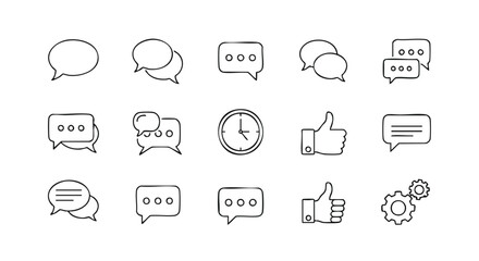 Modern line icons for communication, feedback, time management, and business processes.