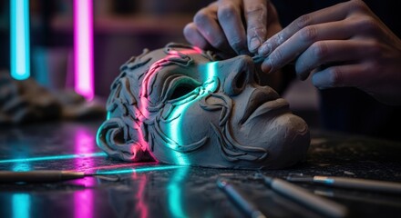 Sculptor's Hands Shaping Clay Mask with Neon Lighting