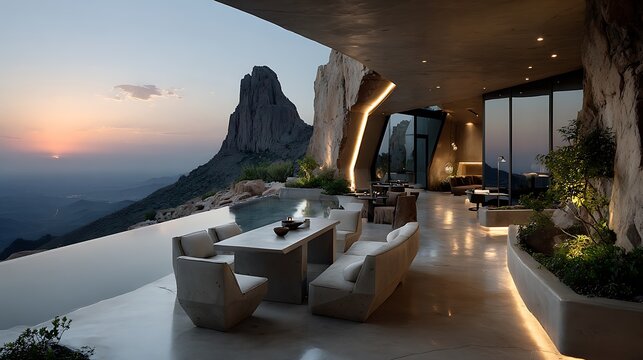Modern dining area mountain view infinity pool outdoor seating image - Powered by Adobe