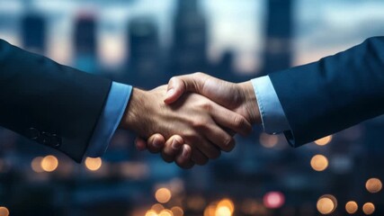 Businessmen shaking hands at sunset cityscape background - Powered by Adobe