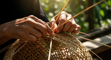 Close-up of skilled hands weaving a traditional bamboo basket in a sustainable craft workshop