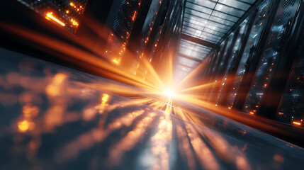 A low-lit server room with blinking LEDs casting dramatic shadows, symbolizing cybersecurity, data protection, and digital infrastructure.