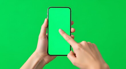 Smartphone Display Touching Green Screen.