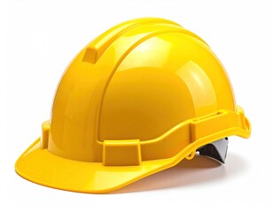 A bright yellow hard hat is isolated against a white backdrop, capturing the protective gear with clear and crisp detail