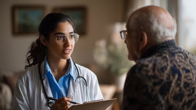Young Female Doctor Consults Elderly Male Patient During Home Visit or Personalized Medical Appointment