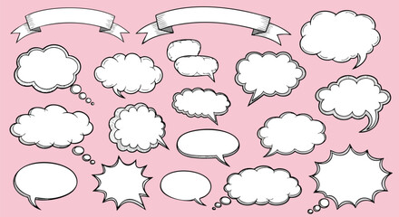 Comic speech bubbles and ribbon banners on pink background for creative communication design