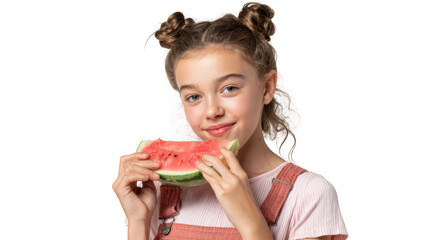 Young girl with space buns holding a slice of watermelon against a black background in a studio shot