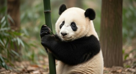 Fototapeta premium Close-up of a panda clinging to a bamboo stalk in a natural habitat.