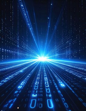 Digital data stream emanating from a glowing point, with binary code and light beams creating a futuristic, vibrant blue abstract
