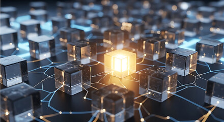Abstract network of glowing cubes, representing data connections and technological innovation in a digital world