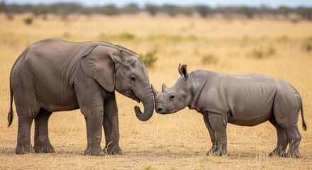 Fototapeta premium Elephant and Rhino Calf Touching Noses in African Savanna, Wildlife Conservation