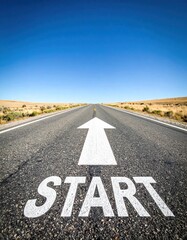 An asphalt road leads to the horizon with a 'START' marker and an arrow, under a bright, clear blue sky