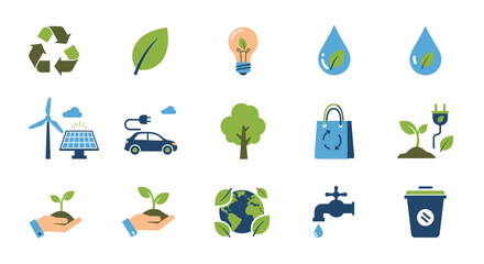 Flat lay of diverse eco-friendly icons representing sustainability, renewable energy, and conservation, in a vibrant green and blue color scheme against a white
