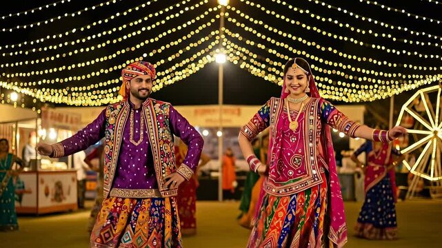Energetic indian couple performing traditional garba dance during the vibrant navratri festival celebration under dazzling string lights at night