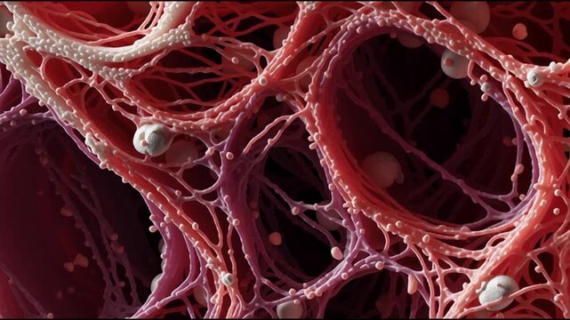 Sarcopenia. Muscle Loss. Aging Health. Microscopic view of tissue structure with blood vessels.