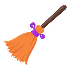 Witch broom with purple ribbon flying 