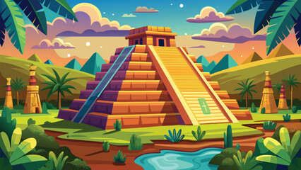 Vector art of a pixel art illustration of the chichen itza pyramid in mexico, surrounded by lush jungle and a vibrant sky