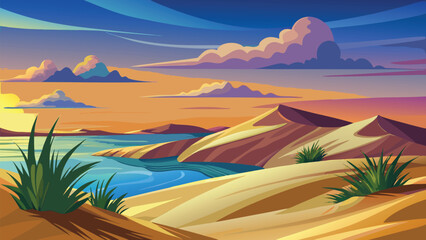 Vector art of pixel art landscape featuring a serene desert oasis with sand dunes and a vibrant sunset sky illustration
