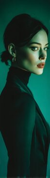 A businesswoman with a neat ponytail in side profile against a green background, showcasing a professional and modern look in a fresh and vibrant environment