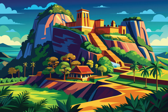Vector art of the gingee fort in tamil nadu, india, a historic hilltop fortress with stunning views and rich heritage