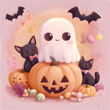 Cute Halloween Ghost with Pumpkin, Black Cat and Candy