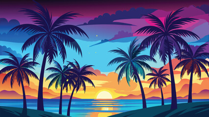 Obraz premium Vector art of pixel art illustration of a tropical beach with palm trees silhouetted against a vibrant sunset over the ocean