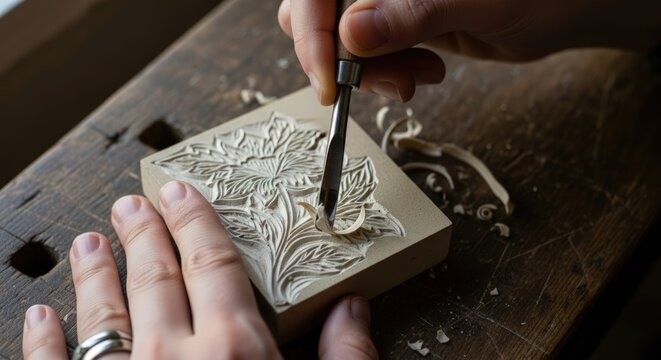 Close-up of Person Carving a Floral Design in Linoleum Block for Printmaking