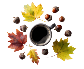 Autumnal coffee cup surrounded by colorful leaves and acorns