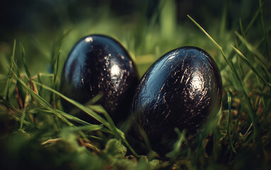 two shiny, black foil-wrapped chocolate easter eggs, apple, fruit, grass.